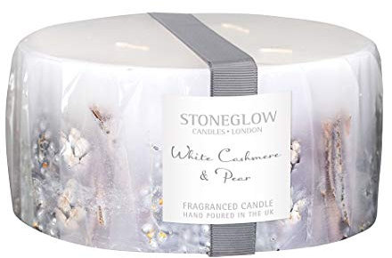 Stoneglow Seasonal Collection Stumpenkerze mit 3 Dochten, Kaschmir und Birne, Weiß