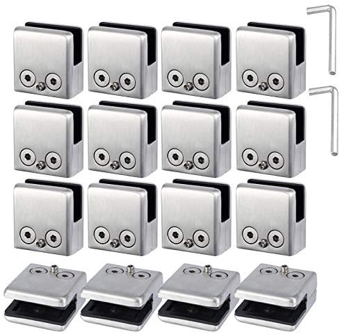EYPINS 16 Pcs Glass Clamps, Stainless Steel 304 Square Glass Holder Adjustable Brushed Glass Clip Clamp Bracket for 9-10mm Glass Handrail Balustrade, with Mounting Spacer and Hexagon Drivers(M Size)