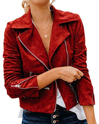 ORANDESIGNE Giacca Corta da Donna in Pelle PU Giacca PU Biker Giacca per l'autunno e l'inverno Biker Motocicletta Giacchetto B Rosso M
