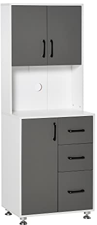 HOMCOM Buffet de Cuisine Armoire de Cuisine Multi-rangements 2 + 1 Porte 3 tiroirs + Grand Plateau dim. 60L x 40l x 160H cm Bicolore Gris Blanc