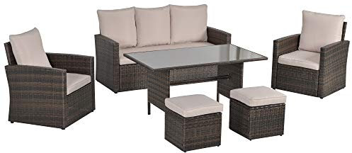 Outsunny 6 Pieces Rattan Garden Furniture Set, 7 Seater Wicker Garden Sofa Set with Glass Top Dining Table, Armchairs and Footstools, Outdoor Furniture with Cushions for Patio, Mixed Brown