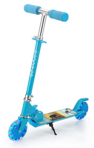 QIUYOU Scooter Kinder, Für 4-7 Jahre Tret-Roller für Mädchen Jungen, 2 LED Aufleuchten Räder und Hinterradbremse, Höhenverstellbarer, Klappbarer Roller Kinder… (Blau)