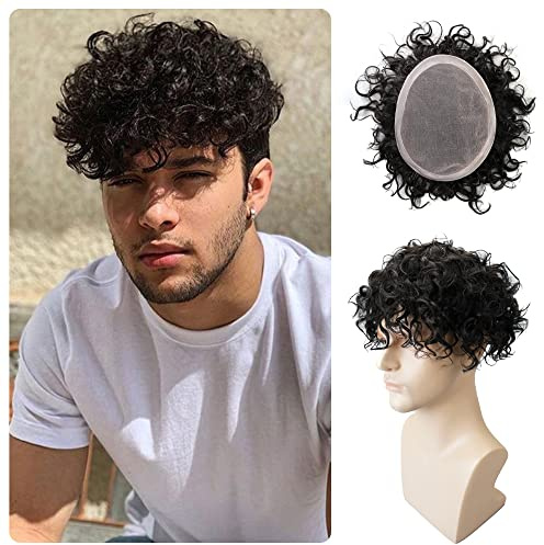 Lordhair Lockige Toupet für Männer, Echthaar-Toupet, Haarersatzsystem(18 * 23CM, Off Schwarz 1B#)