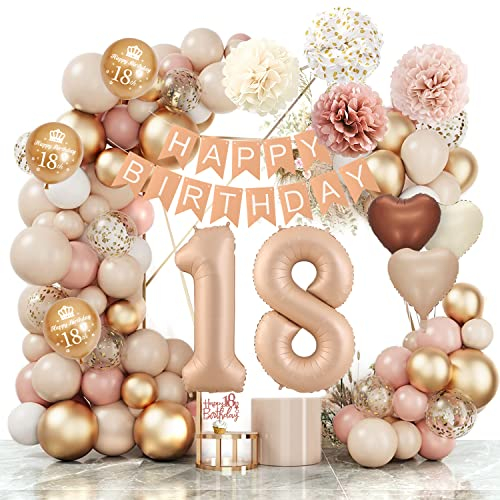 18 Jahre Geburtstagsdeko Ballon, Boho Luftballon Beige Happy Birthday Girlande Ballons Beige Vintage Rosa Weiß Konfetti Luftballons Pompon Geburtstag Dekoration für Boho Geburtstag Frauen Mädchen