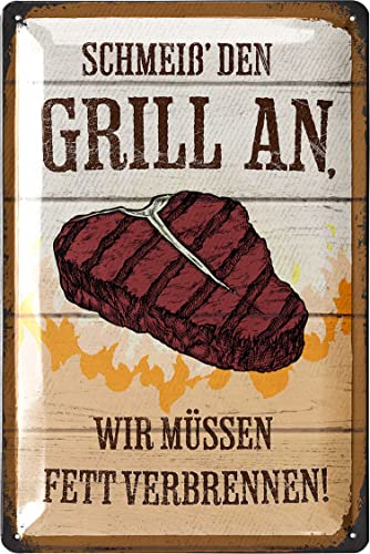 LANOLU Retro Blechschilder Grillen - SCHMEIß DEN GRILL AN wir müssen Fett verbrennen - BBQ Grill Retro Deko, Grillplatz Schild Garten, Papas Grillecke Schild - Metallschilder 20x30 cm