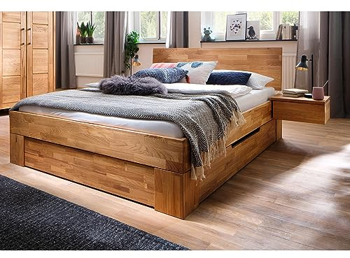 Lomadox Schlafzimmer Massivholz Bettgestell Doppelbett Bett Schlafzimmerbett 180x200 cm inkl. Bettschubkästen und Schwebe-Nachttische in Wildeiche massiv, B/H/T: ca. 272/88/213 cm