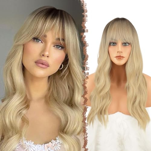 FESHFEN Lange Gewellt Perücke mit Pony, Ombre Goldblonde Lange Lockige Perücken mit Pony, Locken Haar Wigs Party Cosplay Wigs, French Bangs Wigs Natürlich Synthetik Perücken für Frauen Damen, 55 cm