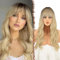 FESHFEN Lange Gewellt Perücke mit Pony, Ombre Goldblonde Lange Lockige Perücken mit Pony, Locken Haar Wigs Party Cosplay Wigs, French Bangs Wigs Natürlich Synthetik Perücken für Frauen Damen, 55 cm