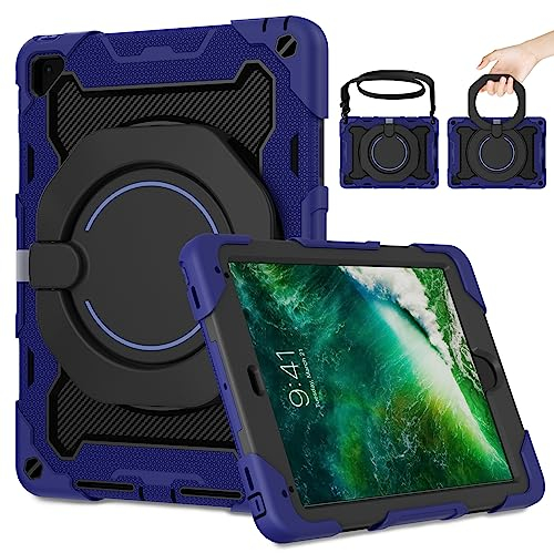 ROISKIN Hülle für iPad 6/5 Generation 9.7 Zoll: Robuste und Strapazierfähige Hülle für Air 2/ Pro 9.7 2017/2018 mit Displayschutz und Pencil-Halterung [360° Drehbarer Ständer]& Gurt - Dunkel