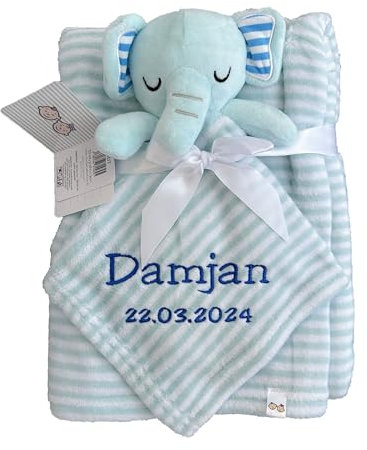 KIDDI-MEDIA Babydecke inklusive Trösterchen mit Name und Geburtsdatum Bestickt/kuschelig weich / 1A Qualität (Hellblau Elefant Streifen)