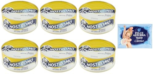 6er-Pack Nostromo Thunfisch Tonno all'Olio di Oliva,Thunfisch in Olivenöl,1Kg Dose + 1er-Pack Kostenlos Felce Azzurra Talkumpuder, 100g-Beutel