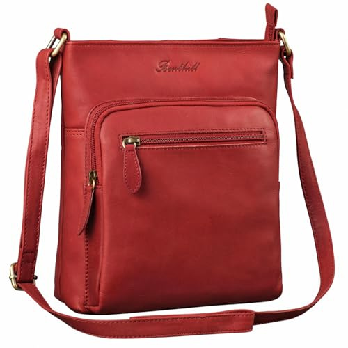 Benthill Damen Shopper Leder - Tasche aus echtem Rindsleder - Handtasche mit Reißverschluss - Schultertasche/Ledertasche - Vintage Umhängetasche, Farbe:Rot