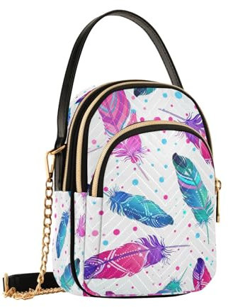 Borsa a tracolla da donna, con piume viola e blu, con catena staccabile, borsa a tracolla per telefono, Piume Viola Blu, Taglia unica