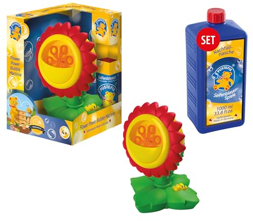 PUSTEFIX Seifenblasenmaschine Flower Power & 1L Nachfüllflasche I Seifenblasen Kinder Set mit Seifenblasen Flüssigkeit I Besonders viele Bunte Bubbles