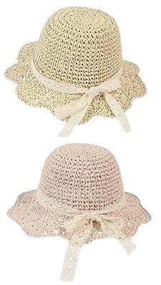 EOZY -Chapeau en Paille Vide Filles Unisexe 6 Mois-4 Ans Casquette de Soleil Noeud Dentelle Décoration Anti-UV 50+ Casquette Printemps Été, Beige + rose, 52