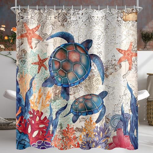 Lerores Tenda da doccia 240 x 200 cm, tartaruga stelle marine, in tessuto antimuffa, orlo appesantito, impermeabile, lavabile, in poliestere, con 16 occhielli e anelli per tenda da doccia, per bagno,