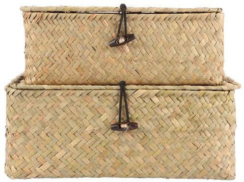 AKOLAFE 2 Pack Woven Storage Basket with Lid Wicker Storage Box Desktop Basket Small Decorative Shelf Storage Box 2 Sizes Gift Hamper Basket for Bathroom, Living Room, Kitchen