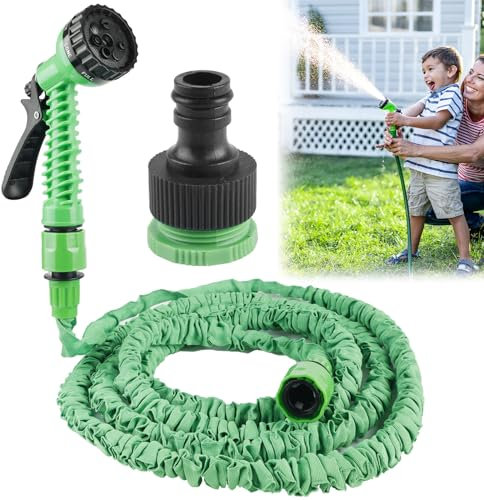 Manguera de Jardín Flexible de 15 m/50 Pies, Extensible Con Ducha de Mano de 7 Funciones - Para Jardín, Mascotas, Lavado de Coche - Color Verde