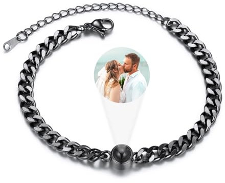 INBLUE Personalisierte Foto Projektion Armband für Paar Edelstahl Kandare Kette Armband mit Projektion Perle Individuelle Armband mit Bild Innen Memorial Geschenke für Frauen - Schwarz