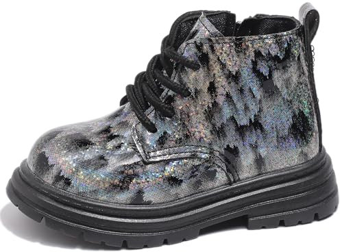 Happy Cherry Ragazze Stivaletti Pelle Autunnali Invernali Ragazzi Stivali Antiscivolo Impermeabili Bambini Bambine Scarpette Piatte Scuola Morbide con Cerniera e Lacci Nero 23 EU