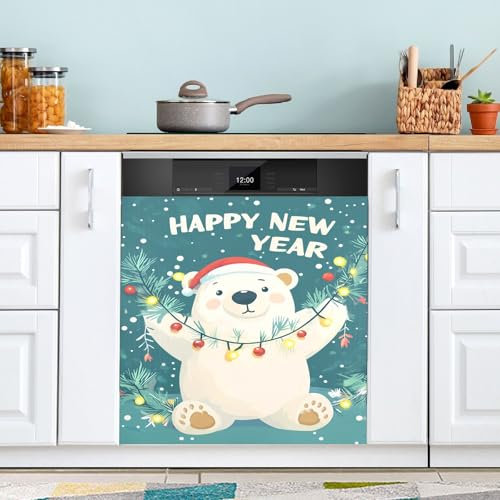 Magnet Geschirrspülerabdeckungen Happy New Year Bär Bauernhaus Küche Dekor Kühlschrank Abdeckung 58,4 x 66 cm