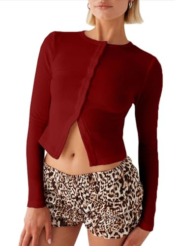 YILEEGOO Women's Wine Red Crop Top, Long Sleeve, Slim Fit, Button Front, Solid Color, Summer & Autumn, Size M