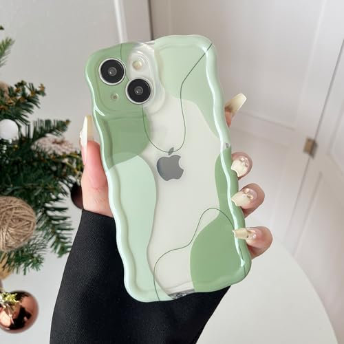 DEFBSC Compatible with iPhone 15 Case, Cute Wavy Curly Shape Colour Mix Aesthetic Design Durable Stylish Shockproof Full Camera Protection Clear Phone Cover for Girls Women - Green