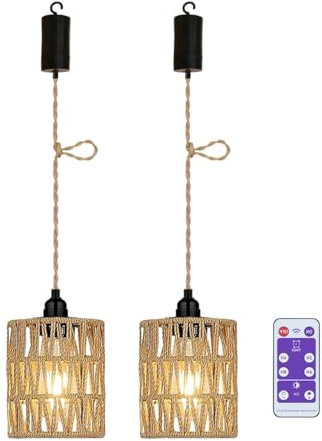 2x Batterie und Akku Outdoor Lampe Hängelampe Hängeleuchte Ohne Stromanschluss Rattan Korb Lampenschirm Boho Hanfseil Lampen Glühbirne Ohne Strom Batteriebetrieben Pendelleuchte Innen