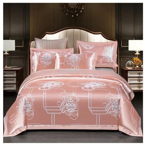 MOVDARL Parure de lit jacquard de luxe motif floral gris rose confortable haut de gamme brodé taie d'oreiller drap plat Queen King Size (style 8, drap de lit plat_king)