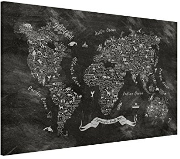 Magnettafel Pinnwand für Magnete Weltkarte Magnetboard - Magnetwand Made in Germany - Weltkarte Modern Notiztafel schwarz weiss Küche Flur Büro Visionboard WBMT_1351 (90x60cm)