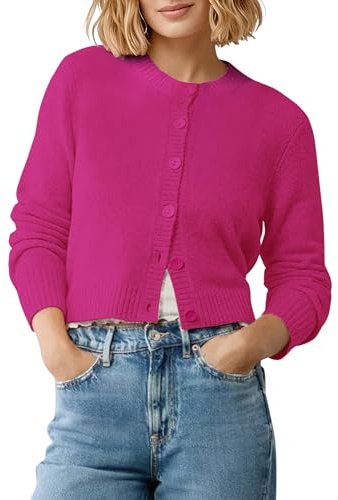 EXCHIC Femmes Confortable Manches Longues Front Ouvert Court Cardigan Pull Coupe Slim Col Rond Boutonné Gilets