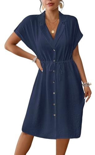 Genfien Women's Summer Dress Short Sleeve V-Neck Sundress Casual Dress with Pockets Solid Color Navy Blue