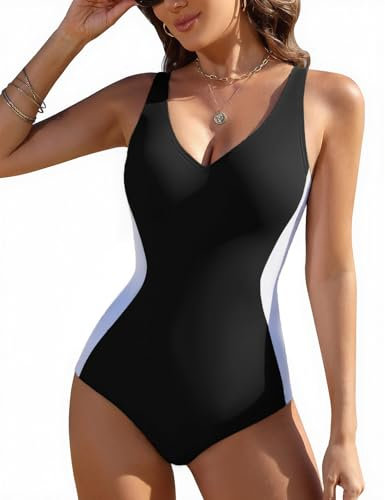 Vijamiy Costume Intero Donna Costumi da Bagno Piscina Curvy Mare Push Up Swimsuit Interi Scollo a V Un Pezzo Sexy Monokini Swimwear (Nero,S)