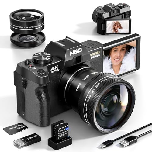NBD Fotocamera digitale 4K 48MP, zoom 16X, video 4K/60fps + 1080P/120fps, schermo IPS 3 180°, WiFi + obiettivo grandangolare/macro + scheda 32GB + 2 batterie NBD-S100P-WM-BK-EU-2505