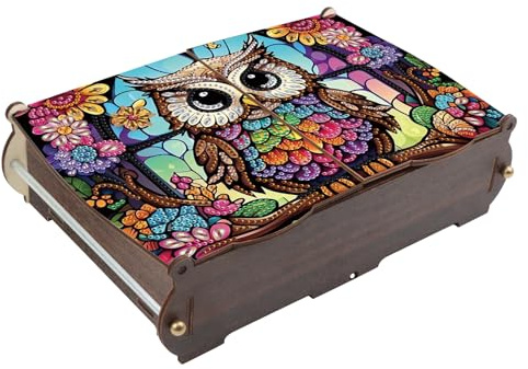 antor DIY Diamond Painting Wooden Storage Box, Owl Creative Special Shaped Rhinestone Art Flip Cover Jewelry Organizer Gift Case, Handmade Art Desktop Decor