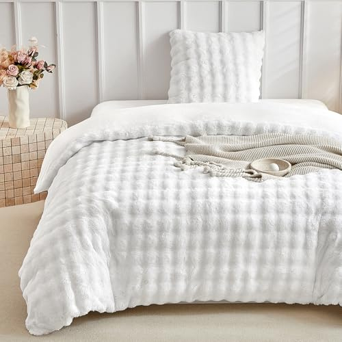 Lekesky Plüsch Bettwäsche 135x200 2teilig + 1 Kissen 80x80, Weiß | 1 Bettbezug 135x200, 1 Kissenbezüge 80x80 mit Reißverschluss, Bedding mit Reißverschluss, Plüsch Mikrofaser Maschinenwaschbar