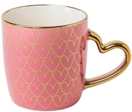 Luxury Heart Handle Ceramic Mug 350ml Elegant Gold Trim Coffee & Tea Cup with Romantic Glossy Gift Mug for Valentine’s Day, Wedding or Anniversary Assorted Designs (Cherry Blossom)