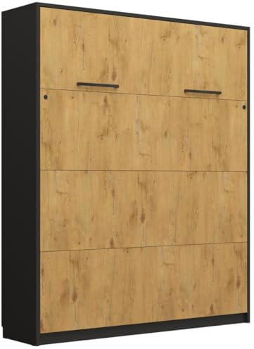 QMM Schrankbett Wandklappbett vertikal GN 160x200 mit LED weiß, Eiche, Congo Schlafzimmer-Set (Eiche Lancelot & schwarz)