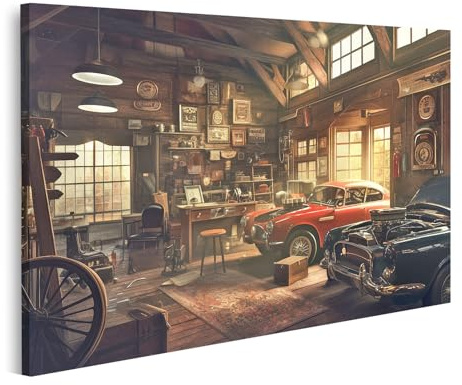 islandburner Prime Bild auf Leinwand Klassische Autowerkstatt mit Retro Fahrzeugen Bilder Wandbilder Poster