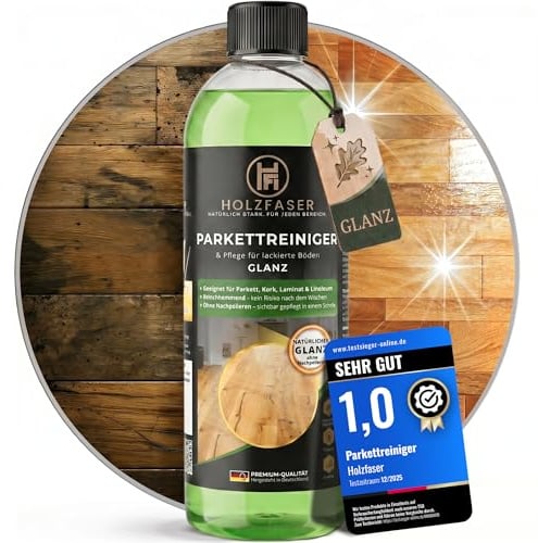 Holzfaser Parkettreiniger MATT/GLÄNZEND – 3-in-1 Konzentrat 1 L für versiegelte Parkett- & Holzböden, Parkett Pflege, Laminat & Kork | streifenfrei ohne Nachpolieren, rutschhemmend