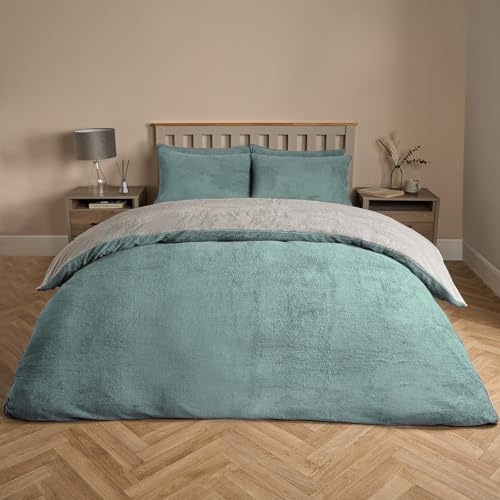 Brentfords Teddy Fleece King Size Duvet Set, Christmas Winter Fluffy Cosy Reversible King Size Duvet Cover Set Super Soft Warm Thermal Teddy Bear Bedding with Pillowcases, Duck Egg/Grey