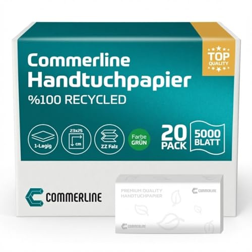 Commerline Papierhandtücher 25x23cm, 5000 Blatt, Handtuchpapier für Spender | Grün, ZZ-Falz, 1-lagig, Falthandtücher aus Recyclingpapier, Einmalhandtücher für Gastronomie, Büro, WC & öffentliche WCs