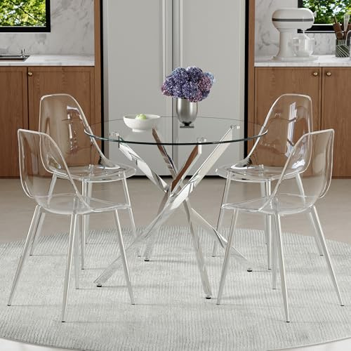 Muskel Moderno juego de mesa de comedor de cristal redondo con 4 sillas, tablero de mesa de 88 cm, sillas de comedor de plástico transparente, para 4 personas, comedor, juego de 4 para cocina pequeña