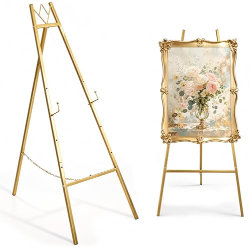 71 Gold Easel Stand for Wedding Sign&Display,Heavy Duty Metal Floor Easel | Holds Up to 100 LBS, Adjustable Height Tall Canvas Art Stand for Painting & Party, Thick Steel Base