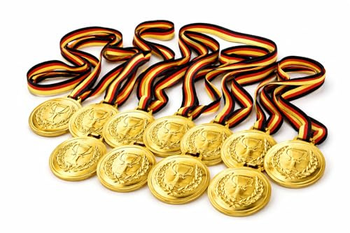 STUWU 12er Set Sieger Medaillen Gold 6,3 cm EXTRA Gross – Kunststoff beschriftbar auf Rückseite – Medaille mit Band für Kinder & Erwachsene – ideal für Fußball Turnier, Geburtstag, Wettbewerb