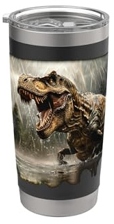 Diseño gráfico realista de dinosaurio T-Rex rugiendo por la noche Vaso térmico de acero inoxidable de doble pared