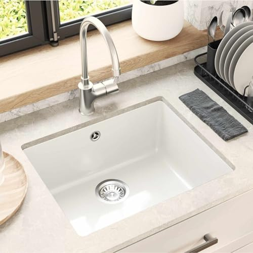 QUAHEAS Lavabo blanco 530 x 460 mm de 80% cuarzo 20% resina fregadero bajo encimera con sumidero, fregadero de cocina resistente a los arañazos para cocina, lavadero, jardín, camping