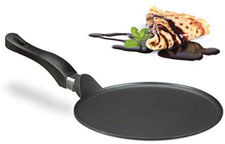 Relaxdays Crêpespfanne Aluguss 25 cm, antihaftbeschichtete Gusspfanne für Crêpes, pflegeleicht, extra flach, schwarz