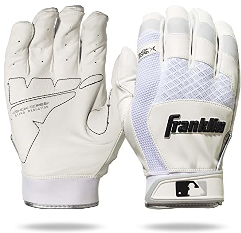 Franklin Sports MLB Baseball Batting Gloves - Shok-Sorb X Batting Gloves for Baseball + Softball - Adult + Youth Padded Non-Sting Pairs - White - Adult Large
