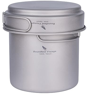 iBasingo Juego de ollas de titanio de 500 ml y 1080 ml, utensilios de cocina ultraligeros para acampar con mango plegable, tazón pequeño, sartén portátil, senderismo, picnic, mochilero, cocina, kit de